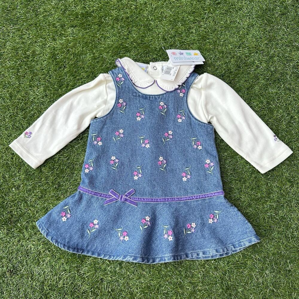 NWT Vtg 90s Miniwear Denim Dress 12M Sleeveless with Embroidered‎ Flowers
